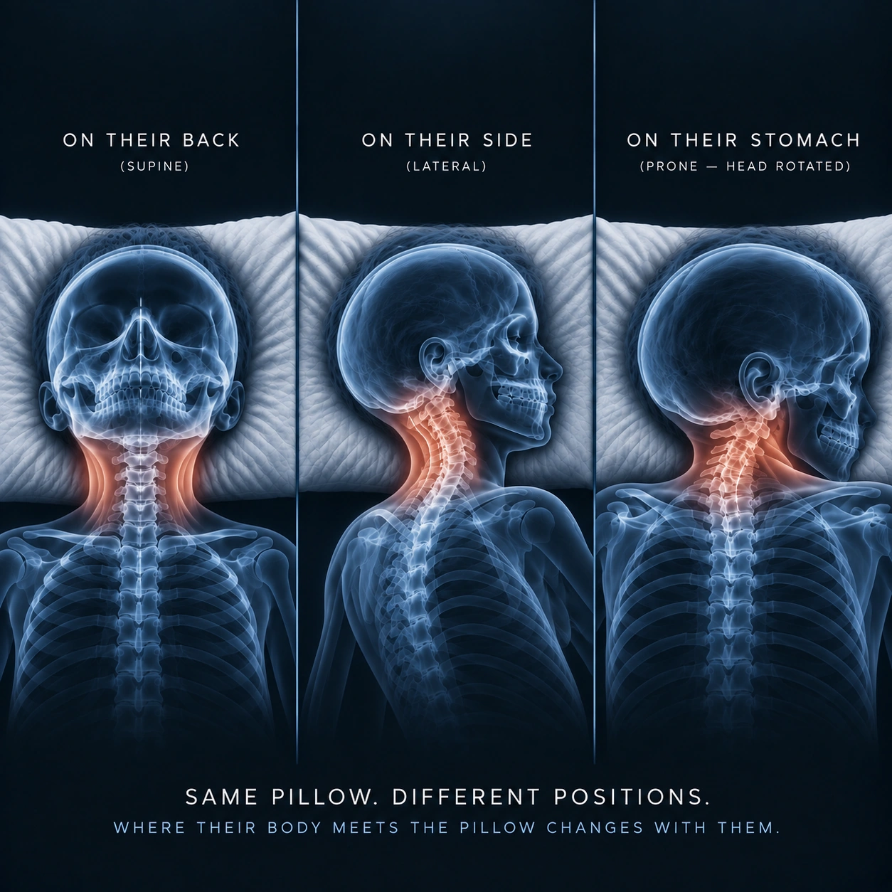 The same pillow under a child sleeping on their back, side, and stomach