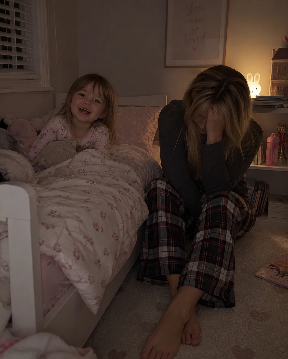 An exhausted mother beside her awake child