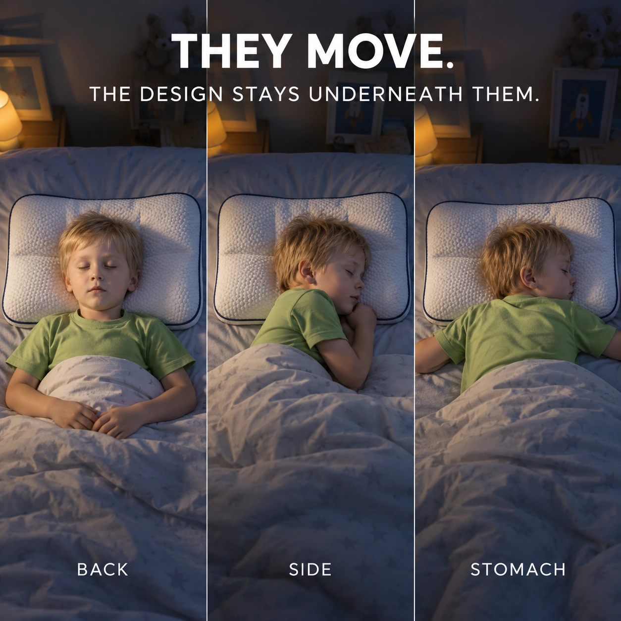 A child sleeping on their back, side, and stomach on the Ukola pillow