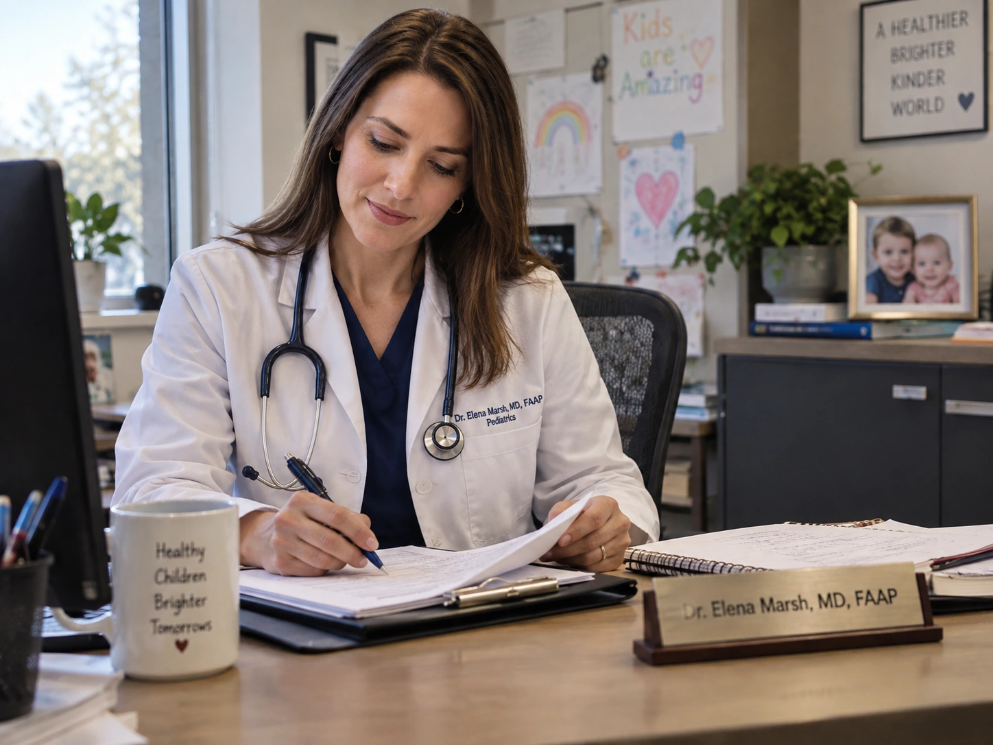 Dr. Elena Marsh working at her desk